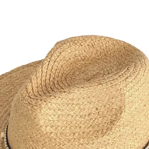 Close-up detail shot of woven straw fedora hat texture, natural raffia material texture.