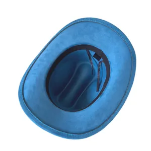 Cappello da cowboy western in camoscio blu, vista dettagliata della fodera interna.