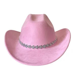 Cappello cowboy western in camoscio rosa con strass floreali, tesa larga per feste e festival.