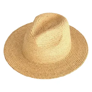Summer straw hat detail, beige raffia sun protection beach hat, breathable fedora hat for women.