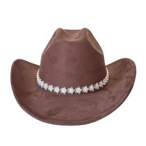 Cappello da cowboy in camoscio marrone con strass fiori, tesa larga cappello da festival.