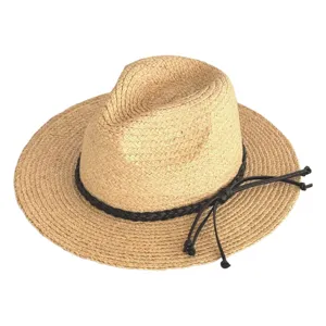 Detail shot of straw hat with black braided leather band and tassel strings for summer vacation.