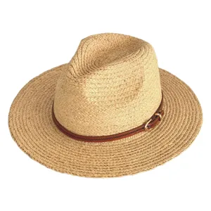 Detailed view of the stylish summer straw panama hat featuring a chic brown leather belt.