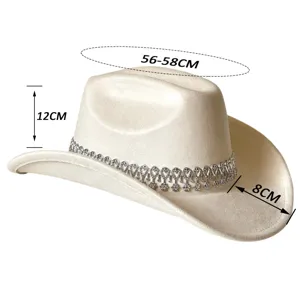 Chapeau de Cowboy Western en Daim Strass Bande Cristal Scène Fête Fedora Élégant Chapeau