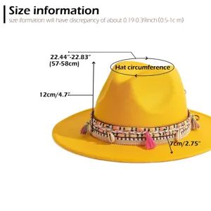 Chapeau Fedora jaune de style ethnique pour femmes avec bande tissée et glands pour le soleil.