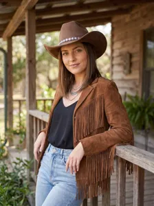 Retro Strass Veloursleder Western Cowboyhut Detailaufnahme, stilvoller Fransenjacken Look.