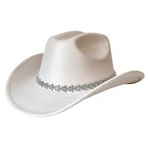 Cappello da cowboy western in camoscio bianco con fiori in strass luminosi per festival.
