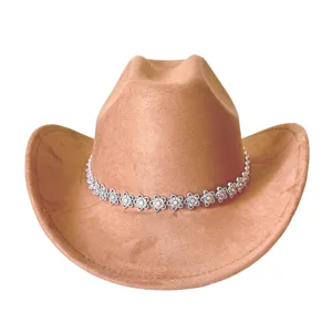 Cappello da cowboy western in camoscio marrone con fascia di fiori in strass per feste.