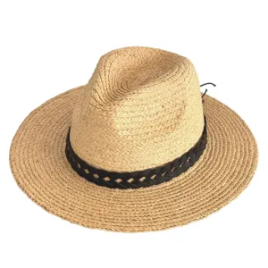 Summer straw fedora hat for women and men, beach sun protection panama hat with black braid band.