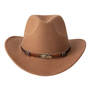 Chapeau fedora en laine marron rétro, style cowboy occidental avec ceinture en métal.