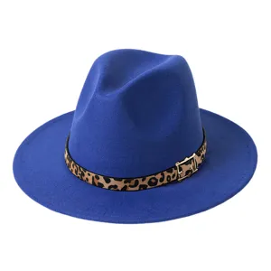 Sombrero Fedora Unisex de Algodón Vintage Ala Plana Estilo Británico Jazz Con Cinturón de Estampado de Leopardo Hebilla de Metal para Fiesta Streetwear
