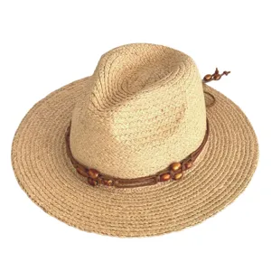 Detailed view of summer straw sun hat with woven raffia texture and brown beaded band.