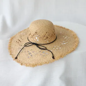 Women's Summer Sun Protection Straw Hat Hollow Out Raffia Beach Sunhat Handmade Large Brim Vacation Casual Hat