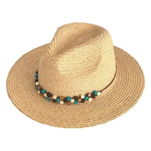 Summer straw hat women beach sun protection raffia fedora hat with wooden beads decor