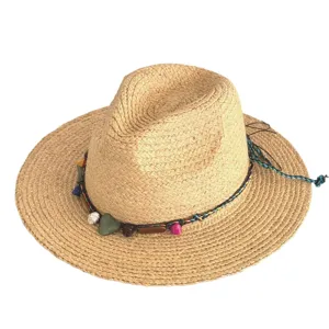 Summer straw panama hat with colorful beads, perfect for beach vacation and sun protection.