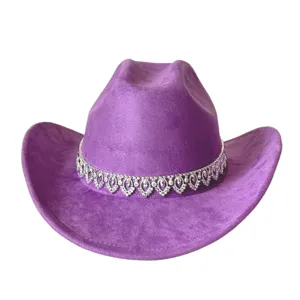 Lila Wildleder Western Cowboy Hut mit Strassband, breite Krempe Party Festival Mode Hut