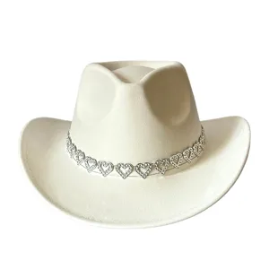 Unisex suede cowboy hat with sparkling rhinestone heart chain, wide brim vintage jazz fedora.
