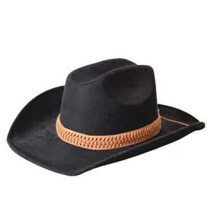 Black suede western cowboy hat detail, featuring a brown woven decorative band, premium texture.