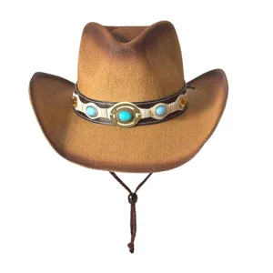 Chapeau de cowboy western en paille rétro avec pierres turquoise décoratives, large bord, été.