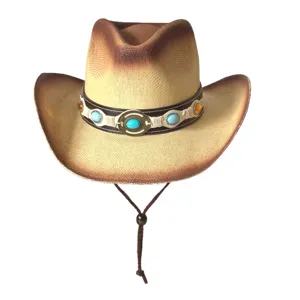 Chapeau de Cowboy Western en Paille Rétro à Large Bord avec Bande de Pierre Turquoise