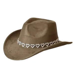 Suede cowboy hat with rhinestone heart chain, vintage wide brim jazz hat for unisex.