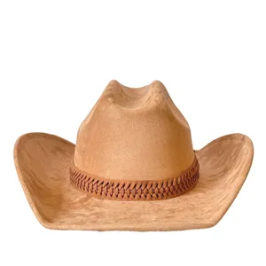 American vintage faux suede western cowboy hat with braided band wide curved brim jazz cap