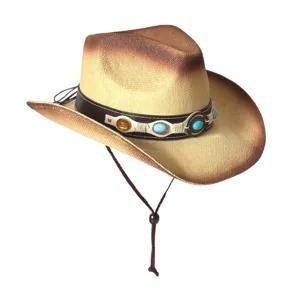 Chapeau de Cowboy en Paille Vintage Chapeau de Soleil avec Décoration en Pierre