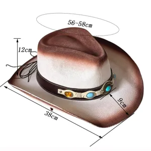 Chapeau de cowboy western en paille tie-dye rétro, chapeau de jazz à large brim pour hommes femmes
