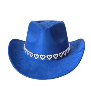 Blue suede cowboy hat with sparkling rhinestone heart chain detail, stylish festival party headwear.