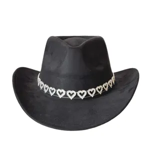 Black suede cowboy hat with rhinestone heart chain detail, perfect for party and daily wear.