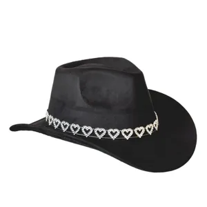 Unisex black suede cowboy hat with rhinestone heart chain, vintage wide-brim jazz hat for party