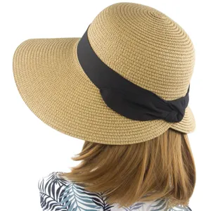 Vista dettagliata del retro del cappello di paglia da donna con elegante fiocco nero.