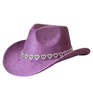 Purple suede cowboy hat with rhinestone heart chain, vintage wide brim jazz hat for party.