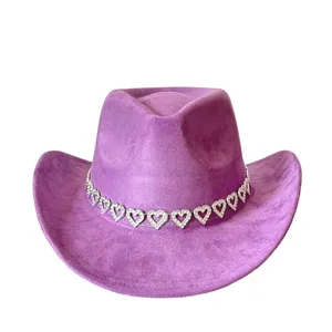 Purple suede cowboy hat detail, rhinestone heart chain trim, wide brim western jazz hat style