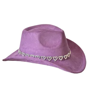 Purple suede cowboy hat featuring a dazzling rhinestone heart chain for stylish party wear.
