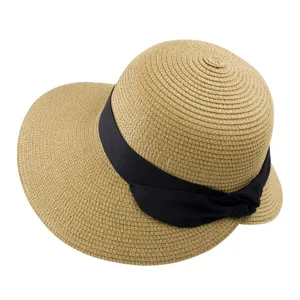 Cappello di Paglia Donna a Tesa Larga per Estate Spiaggia Protezione Solare UV Nero