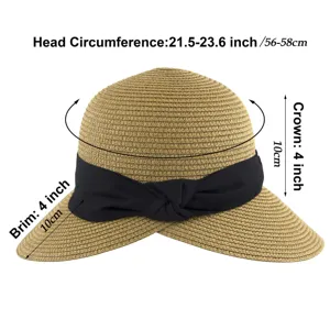 Primo piano dettaglio del cappello di paglia estivo con nastro nero e dimensioni precise.