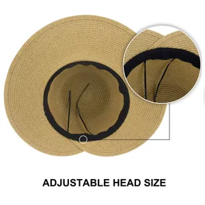 Cappello di paglia a tesa larga da donna, cappello da sole per spiaggia estiva regolabile.