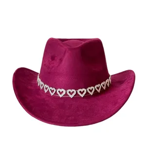 Faux suede cowboy hat with rhinestone heart chain, wide brim jazz party hat for men and women.