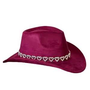 Unisex suede western cowboy hat with rhinestone heart band, vintage wide brim jazz fedora.