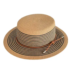 Women Flat Top Paper Straw Hat Color Block Striped Sun Beach Fedora Hat With Leather Cord Casual Summer Sunwear Hat