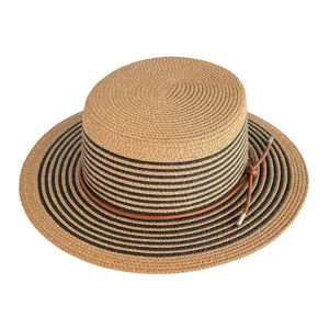 Detailed view of the stylish flat top straw hat with black stripes and brown leather cord.
