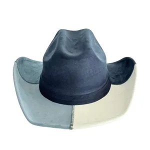 Close-up detail of the color-blocked suede cowboy hat, highlighting unique texture and stitching.