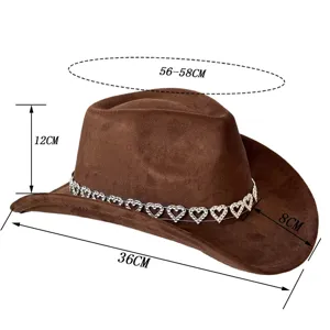 Men women brown suede cowboy hat with rhinestone heart band wide brim jazz party cap size 56-58cm