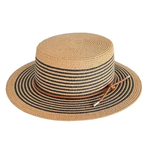 Women's stylish straw sun hat with black striped pattern and leather cord detail for summer beach.