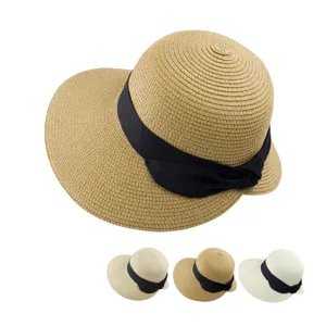 Cappello di Paglia di Carta a Tesa Larga da Donna Spiaggia Protezione Solare Fiocco Resort Vacanza Cappello da Sole