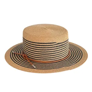 Chic striped straw boater hat with brown leather cord detail, perfect summer beach sun hat.