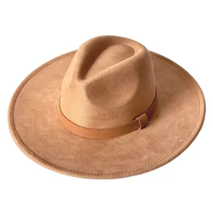 Chapeau fedora en suédine à large bords rétro avec ceinture, chapeau jazz élégant.