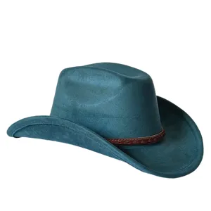 Vista di dettaglio del cappello da cowboy in camoscio blu scuro con tesa larga e rialzata.