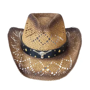 Western cowboy straw hat with metal bull skull decor, hollow-out summer sun beach hat.
